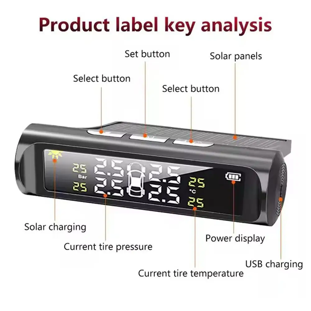 Solarbetriebenes Reifendruckkontrollsystem für Autos, kabelloses TPMS, automatischer Reifendruckalarm mit 4 externen Sensoren und Anzeige. – Detail 13