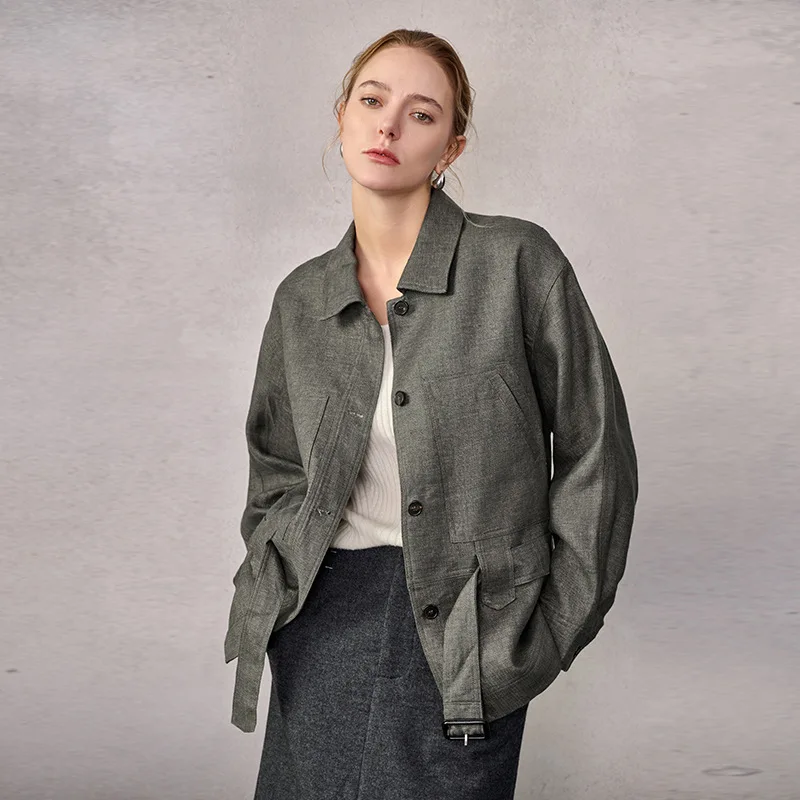 High-end Old Money Style Pure Linen Tooling Jacket Women's Autumn And Winter Lapel Silhouette Trench Coat Short Lace-up Loose