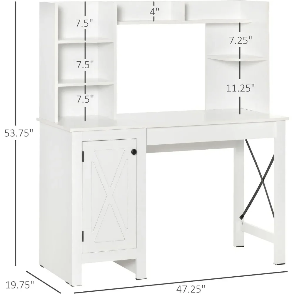 Bureau d'ordinateur de ferme avec clapier et armoire, bureau de bureau à domicile avec rangement, bureau d'étude blanc