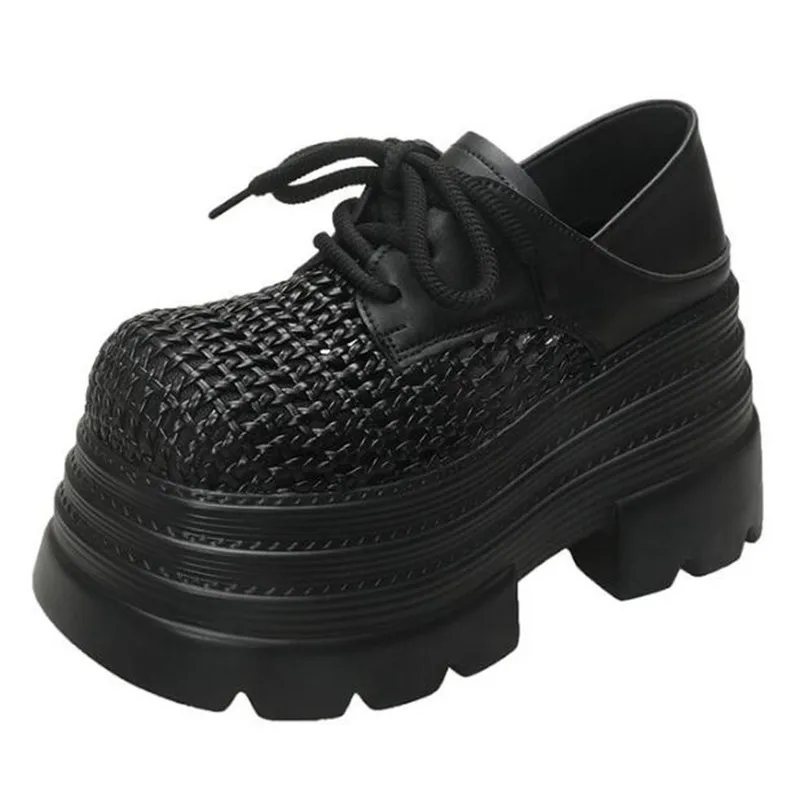 

New 2025 Women's Hollow Leather Sneakers High Platform Lace-up Casual Shoes Thick Sole 10CM Heels Walking Shoes Zapatos Mujer