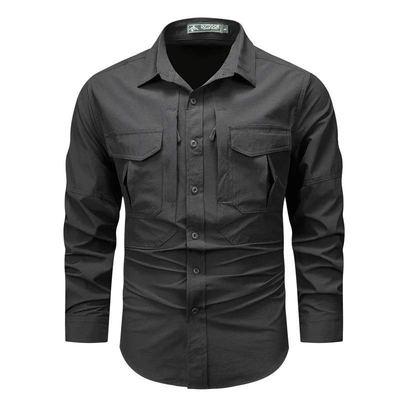 Spring Autumn Quick-Dry Lapel Cargo Shirt Men's Vintage Long Sleeve Casual Jacket