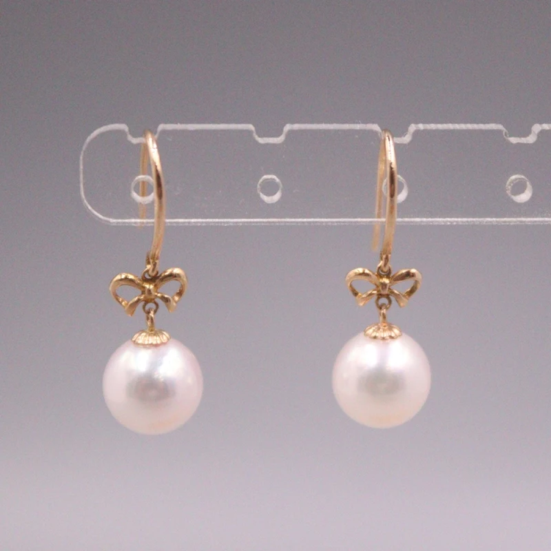 Real Pure 18K Rose Gold Women Lucky Sea Pearl Bead Ball Bowknot Dangle Earrings