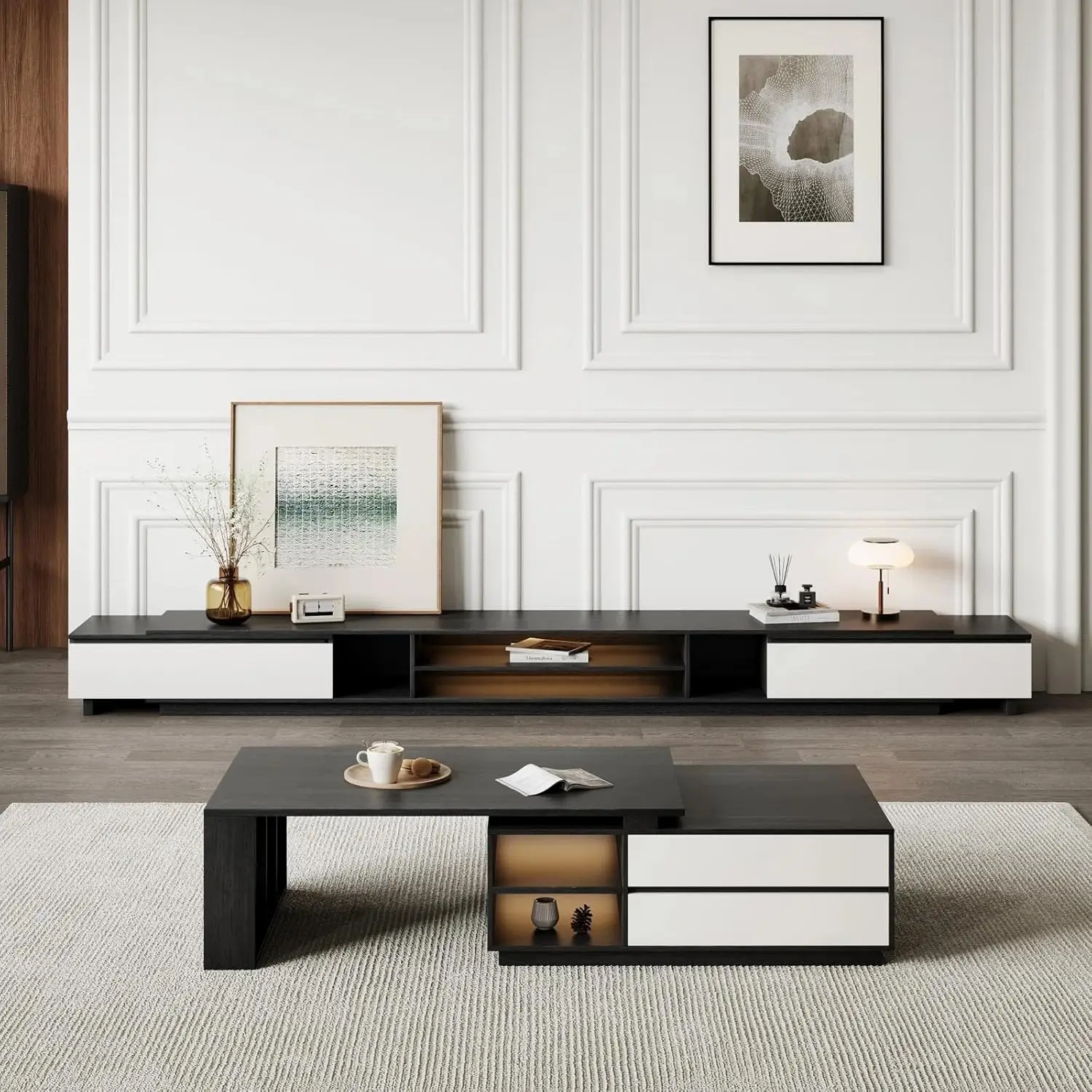 Modern LED Lighted Storage Coffee Table, Light Grey/Off White Wood Grain Finish Coffee Table With 2 Drawers, Storage Drawer And