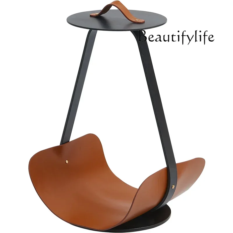 N40 Saddle leather edge few hands carrying book and newspaper shelf design sense creative living room living room round coffee t