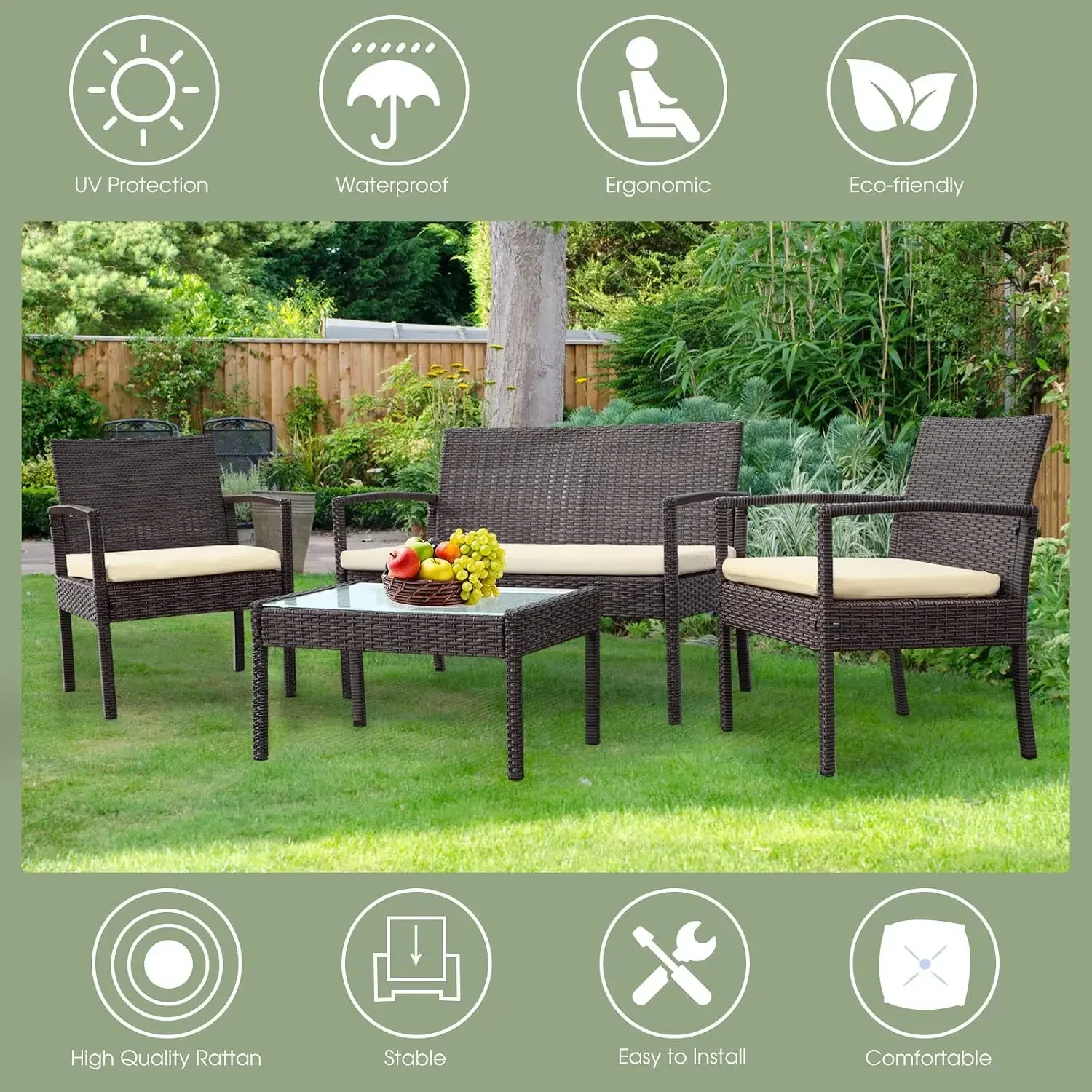 4 Piece Outdoor Patio Furniture Set, Rattan Patio Conversation Set | Thick Polyester Cushions, Tempered Coffee Table, Steel Fram