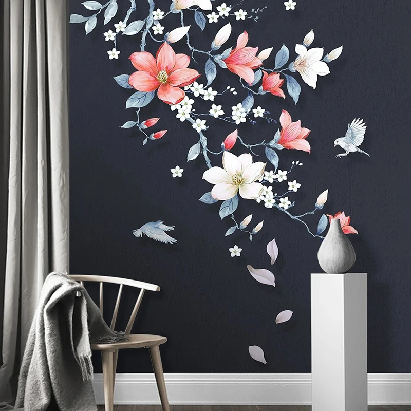 

New Chinese Style Home Interior Bedroom Decoration Wallpaper Designs Hand-painted Magnolia Flower Magpie Bird Photo Papier Peint