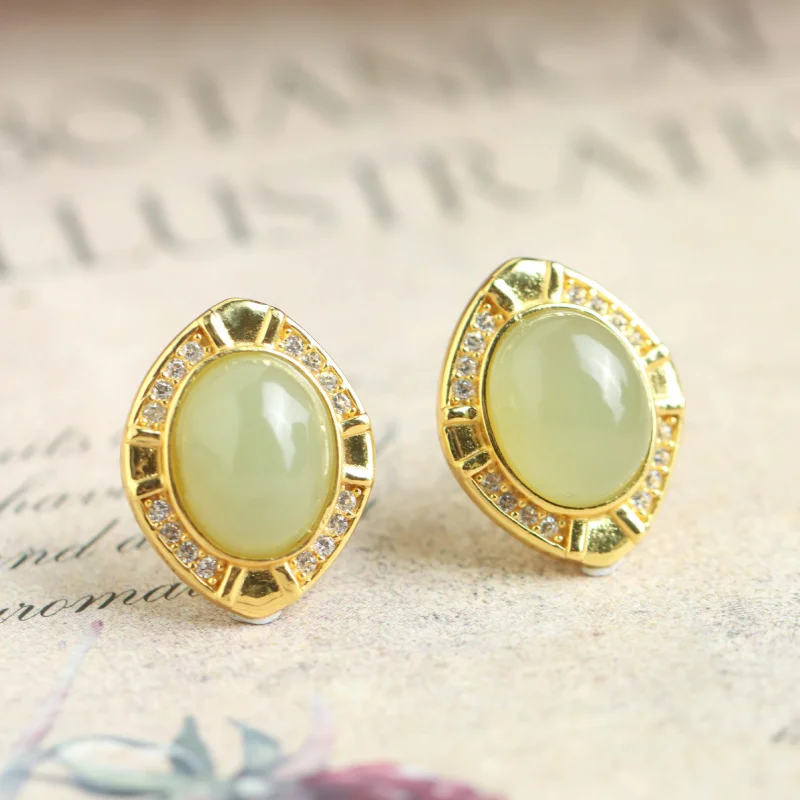 

S925 Sterling Silver Gold-Plated Hetian Jade Noodle Women'S Earrings