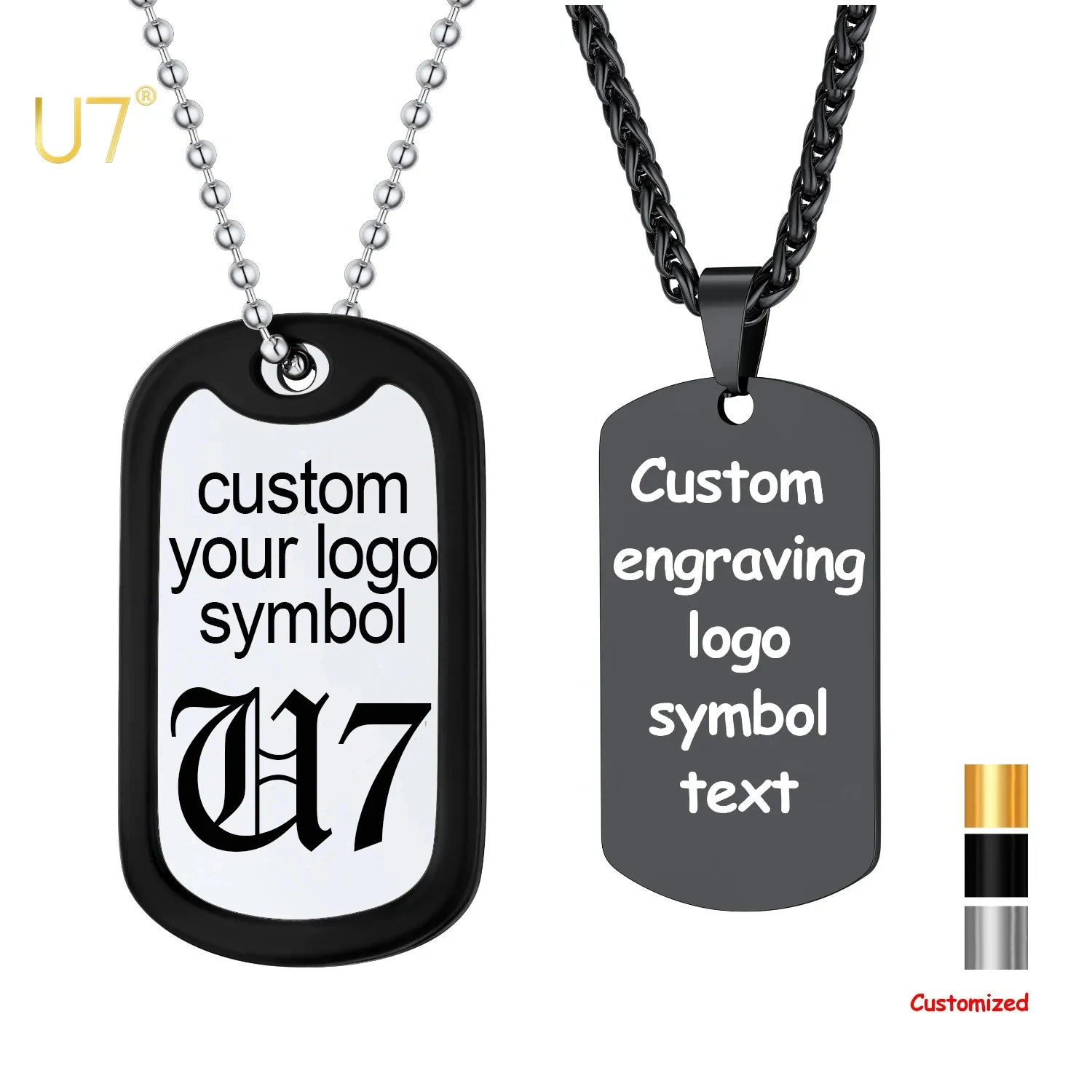 U7 Stainless Steel Custom Etch Deep Engrave Logo Symbol Text Dog Tags Necklaces for Men Women Personalized Jewelry Gift