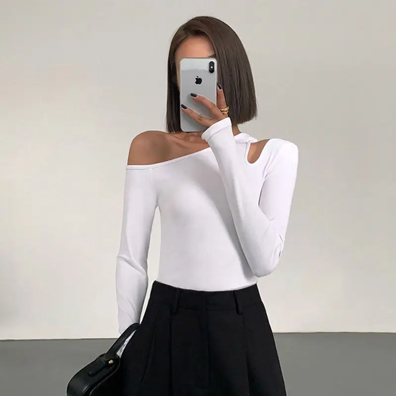 Fashion Skew Collar Off-shoulder Long-sleeved T-shirts Women Spring 2023 New Solid Slim Fit Crop Top Sexy Hollow Out Tees Shirts