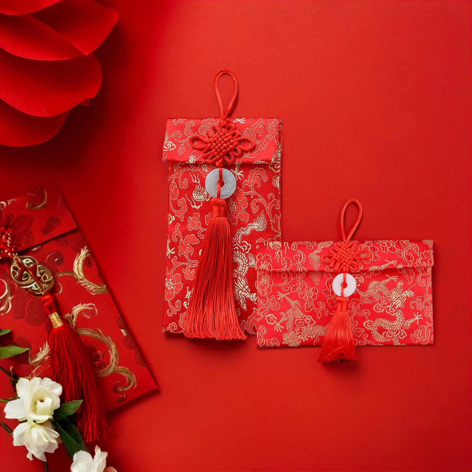 2Pcs Traditional Chinese Red Envelopes Brocade Fabric New Year Money Packets Embroidered Design Tassel Decor Spring Festival