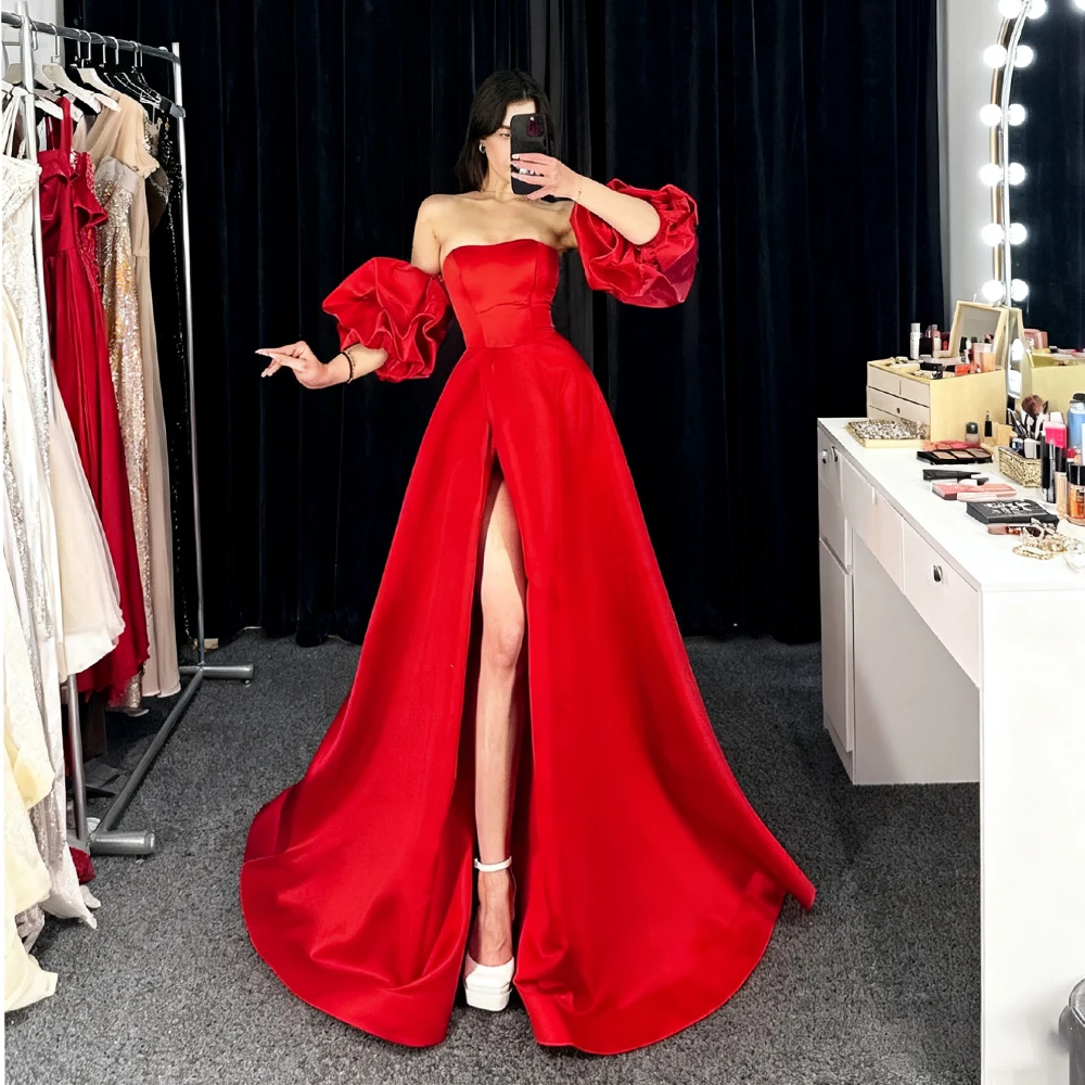 

Красные атласные свадебные платья с пышными рукавами, свадебное платье невесты, аппликация, трапециевидное платье с разрезом, сексуальные платья для женщин, 2025 Vestidos De Novia