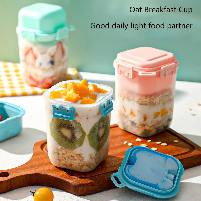 Portable Bilayer Salad Cup Breakfast Plastic Cup With Spoon Detachable Ice Box Seal Preservation For Storing Milk Fruits Oatmeal