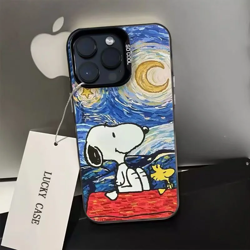 Cute Snoopy Woodstock Star Moon Swirl Night Sky cartoon Phone Case for iPhone 11 12 13 14 15 16 17 Pro Max Plus Shockproof Cover
