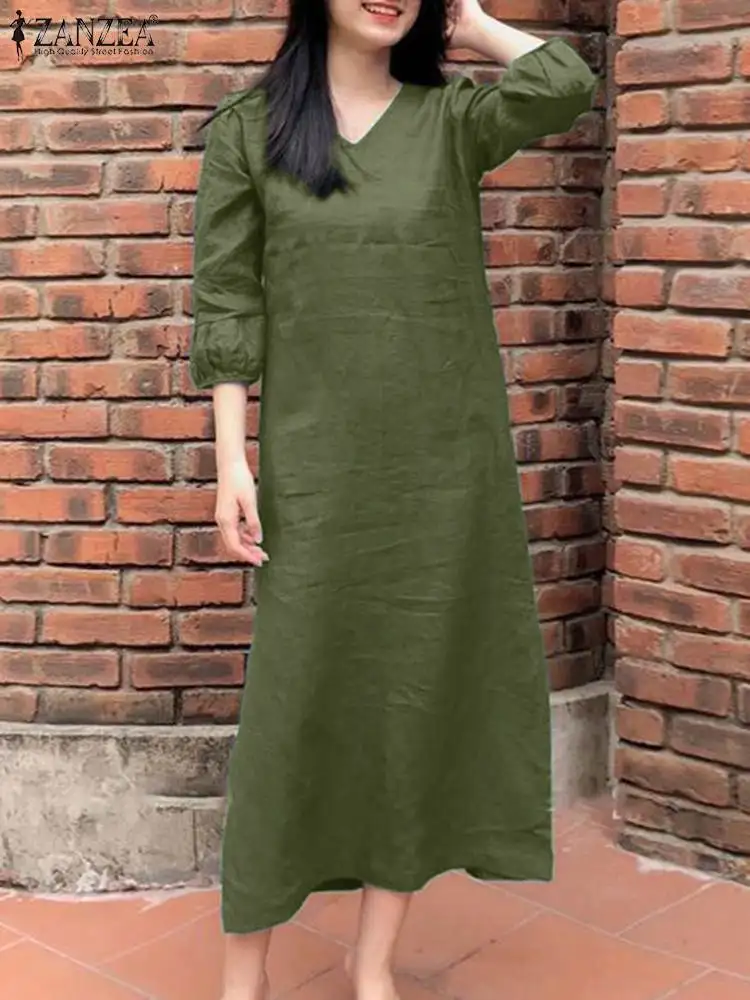 

2023 ZANZEA Fashion Autumn Casual Mid-calf Sundress Women Vintage V Neck 3/4 Sleeve Solid Dress Loose Party Vestido Robe Femme