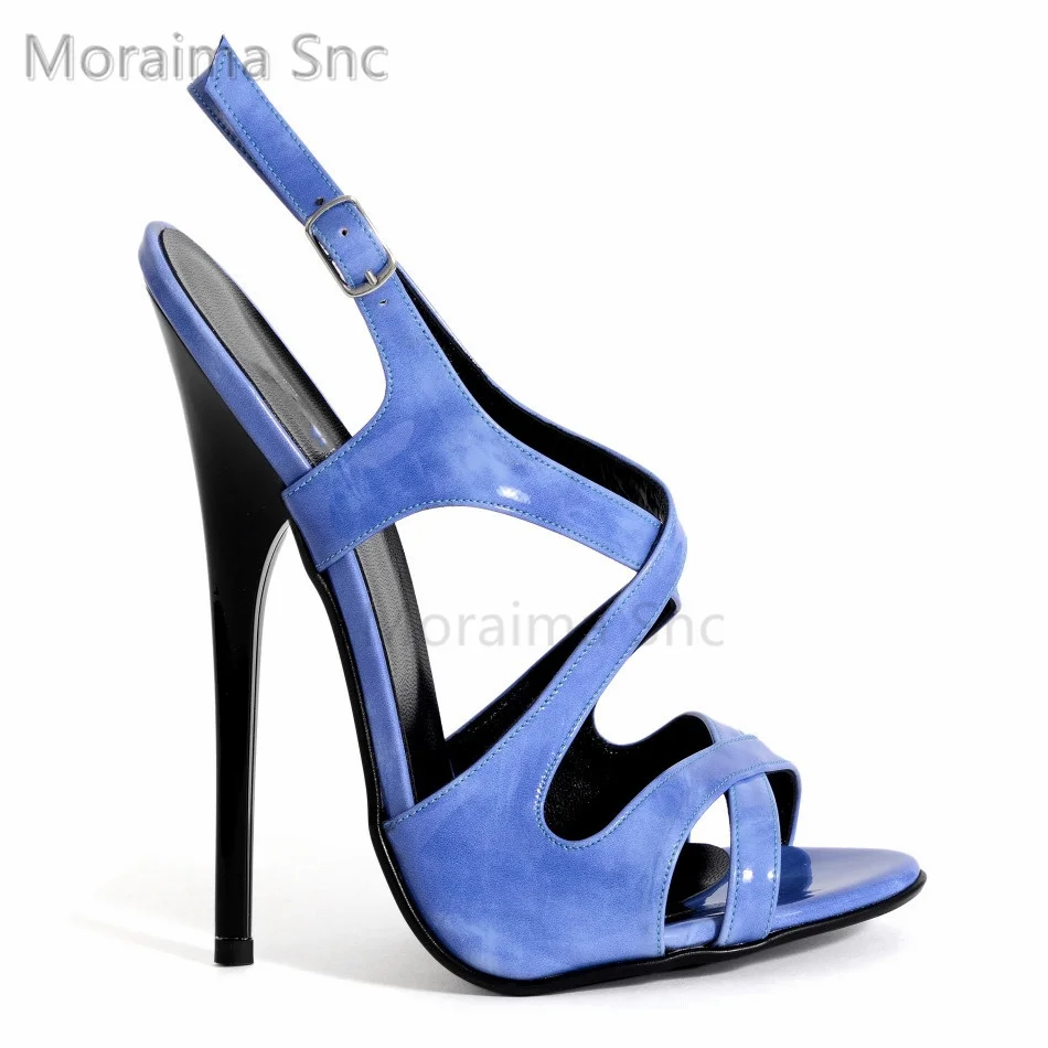 Blue Patent Leather High Heeled Sandals Sexy Buckle Back Strap Stiletto Summer Shoes Fashion Party Women's Shoescustom Colour