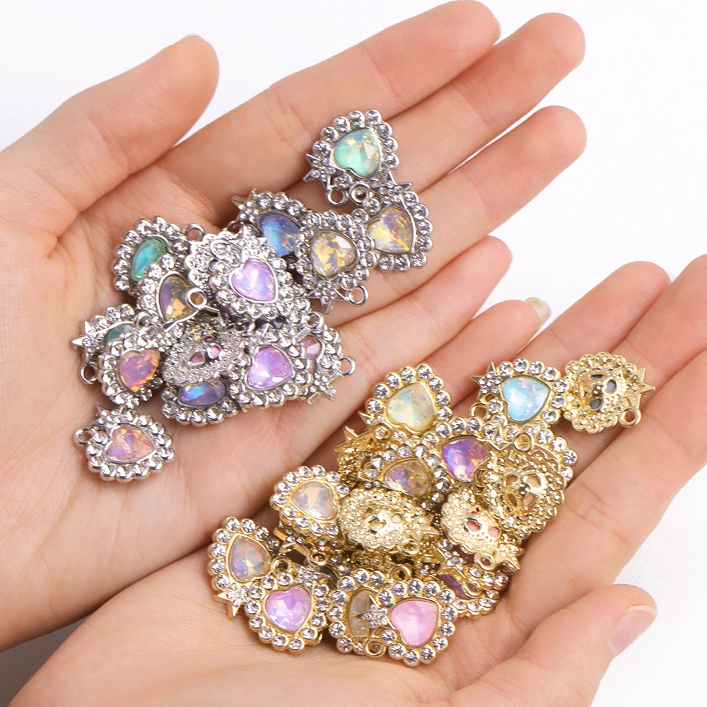 10Pcs Shining Gold Silver Color Alloy Crystal Zircon Love Heart Pendant Women\'s Necklace Earrings Charm DIY Craft Material