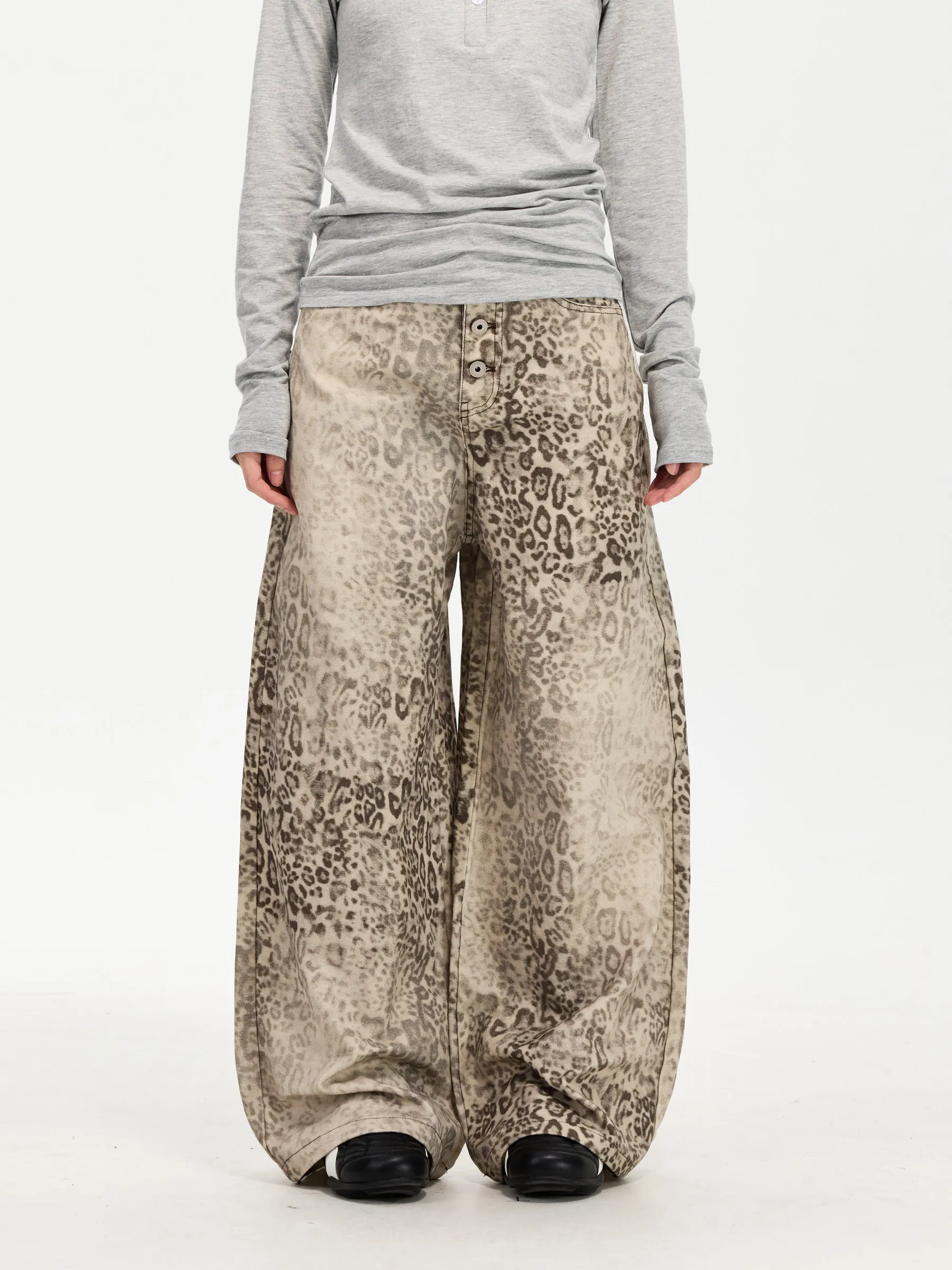 New Korean Retro Fashionable Wild Leopard Print Wide-Leg Jeans Crisp Smooth Loose Long Pants for Women