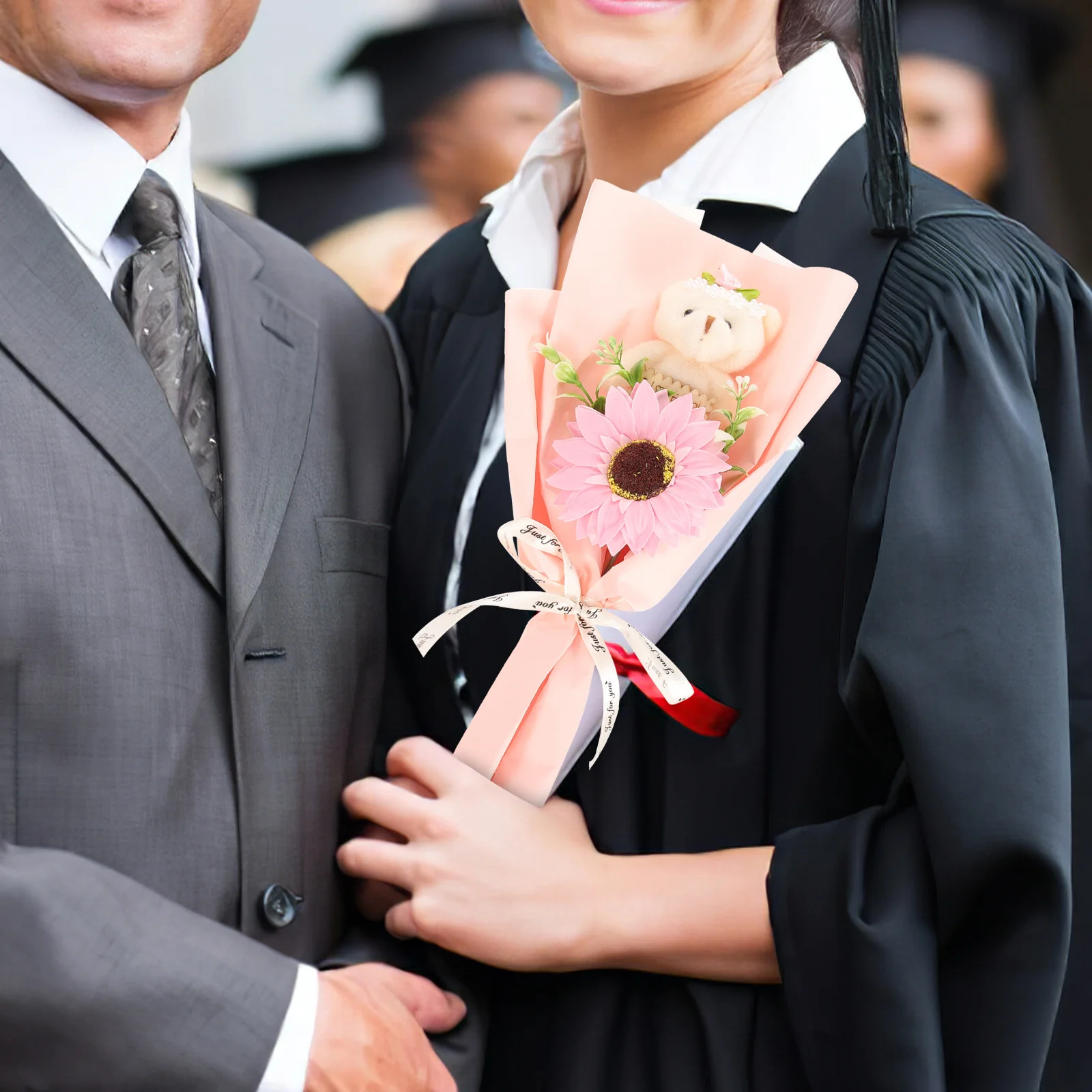 

2Pcs Graduation Bear Bouquet Sunflower Decoration for Party Home Office Leaving Bear Bouquet