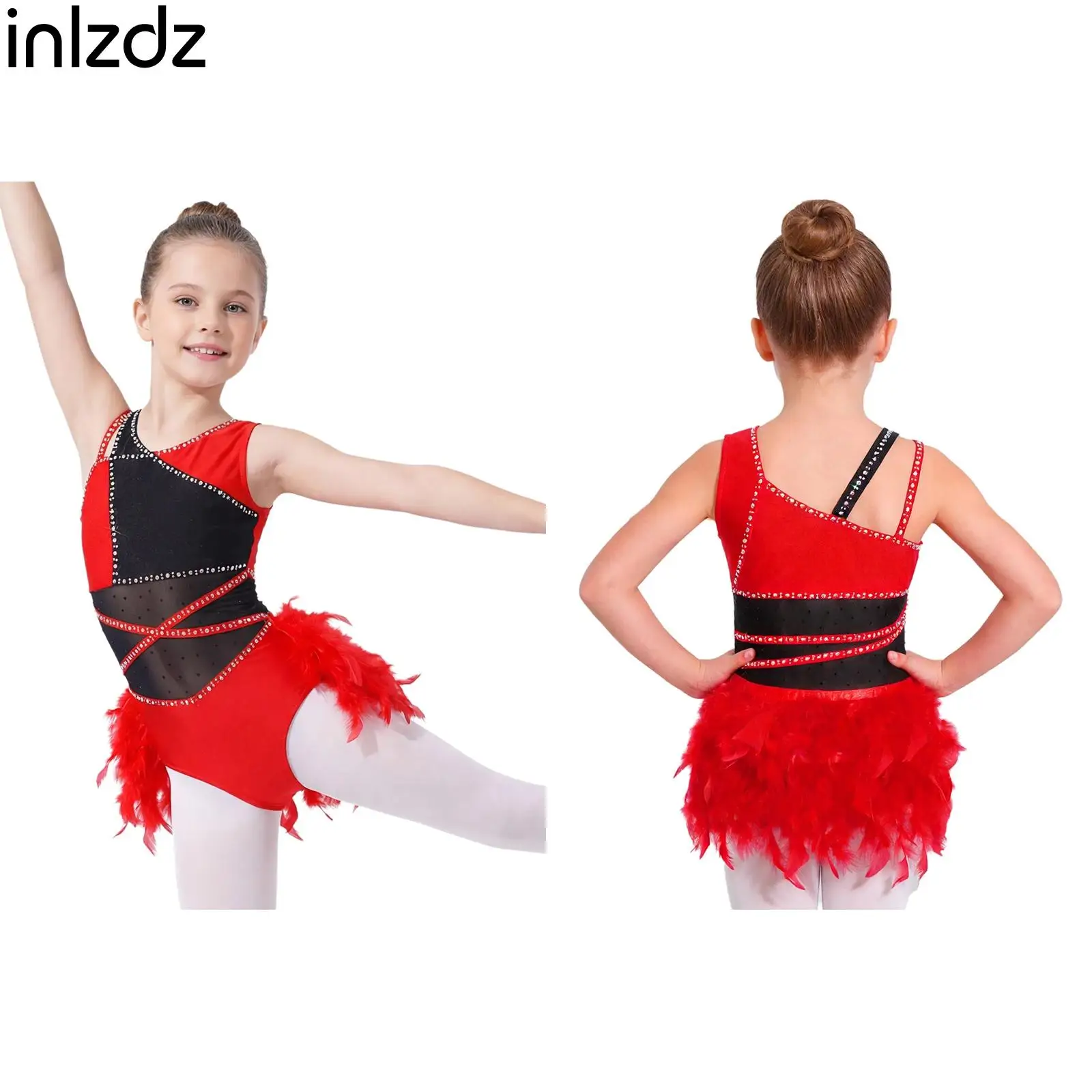 

Kids Girls Latin Dance Tango Salsa Samba Ballroom Performance Competition Costume Rhinestone Feather Sleeveless Leotard Bodysuit