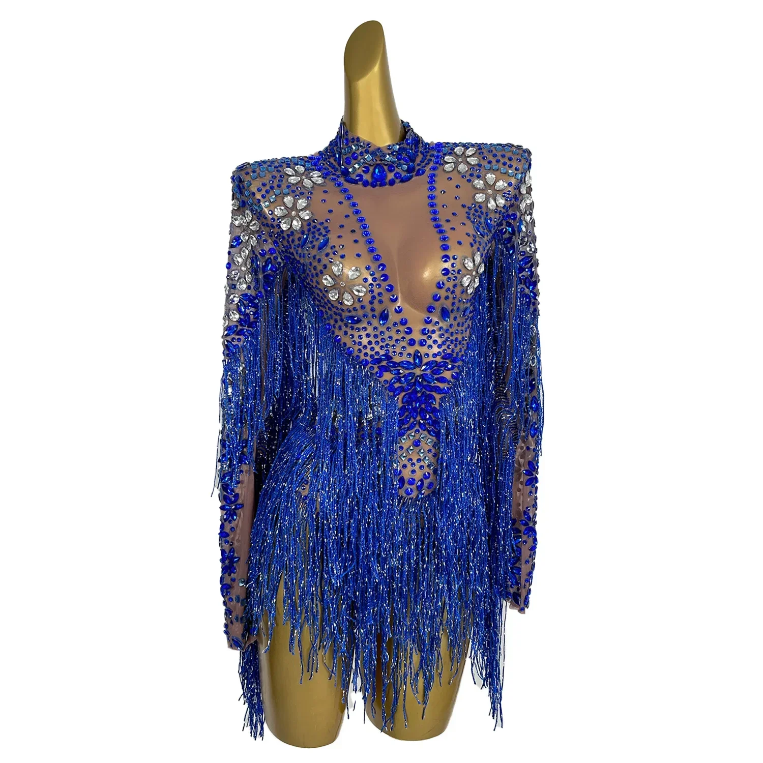 Fashion Blue Fringe Rhinestones Tights Stage Wear Sexy Tassel Glisten Crystals Bodysuit Bar DJ Sexy Singer Dancer Dance Costumes