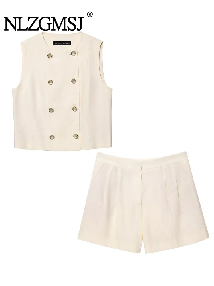 

Лето 2024, повседневные комплекты с шортами для женщин, модный двубортный жилет, топы, женский костюм, комплект из двух предметов, женская одежда