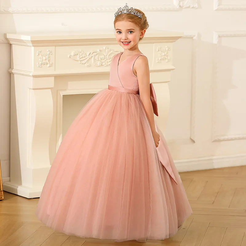 

Pink Flower Girl Dresses Satin Mesh V Neck Belt With Big Bow Sleeveless For Wedding Birthday Party Banquet Princess Gowns