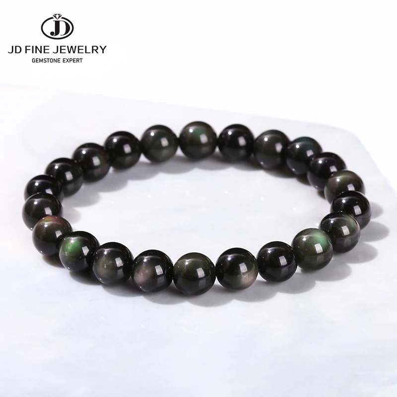 JD Natural Rainbow Obsidian Round Beads Bracelet Women Men Fashion Colorful Black Obsidian Yoga Energy Buddhist Strand Bangles