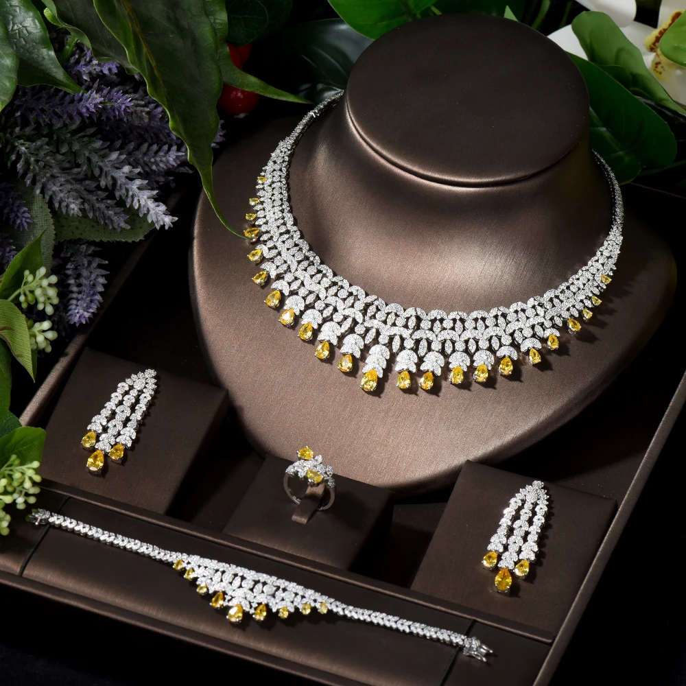 

HIBRIDE Big Luxury 4pcs Yellow Color Water Drop Shape Women Necklace Earring Set Dubai Nigeria Wedding Jewelry Sets bijoux S-025