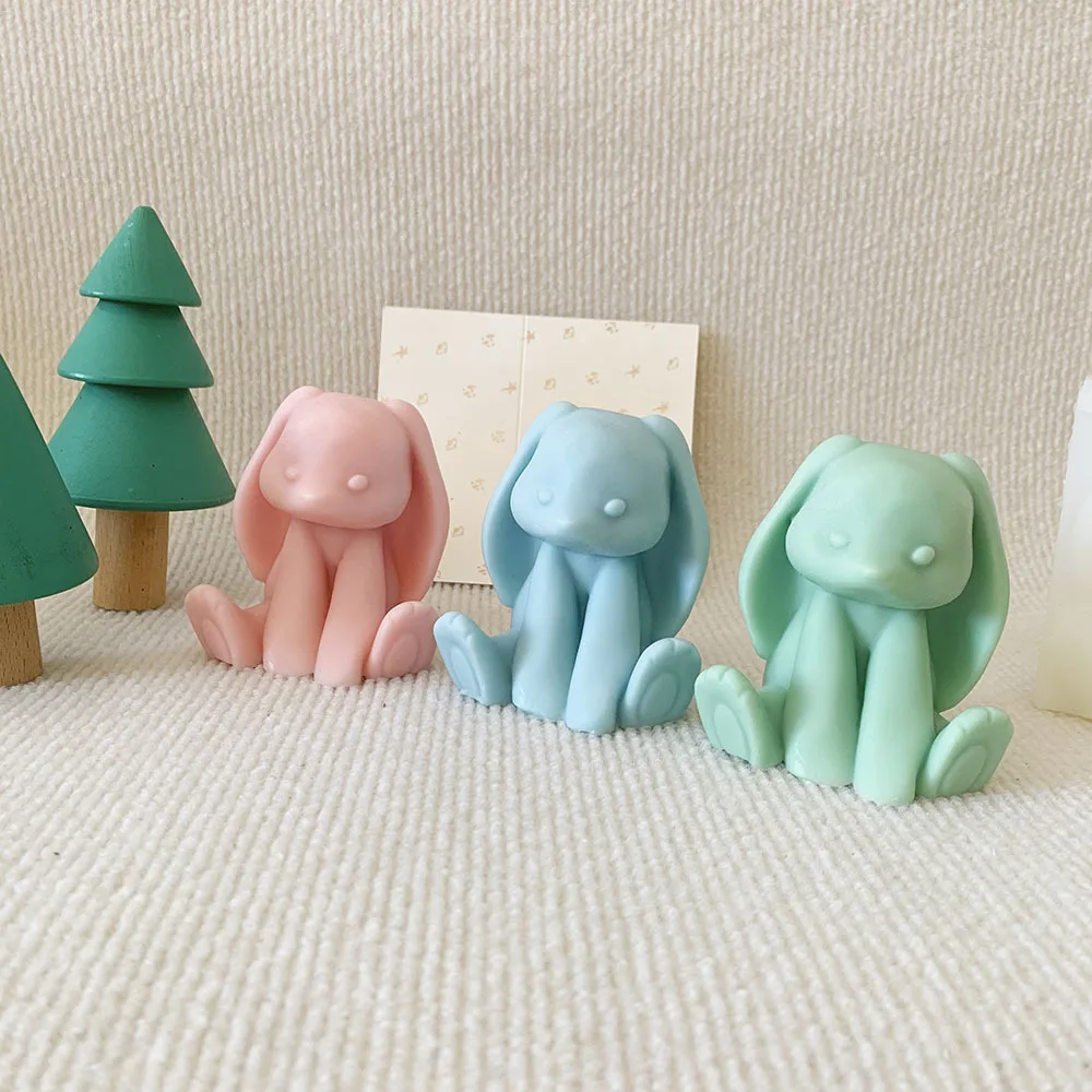 3D Long-eared Rabbit Silicone Mold Handmade Sitting Rabbit 3D Bunny Scented Candle Mould Soap Resin Crafts Mold Easter Gift