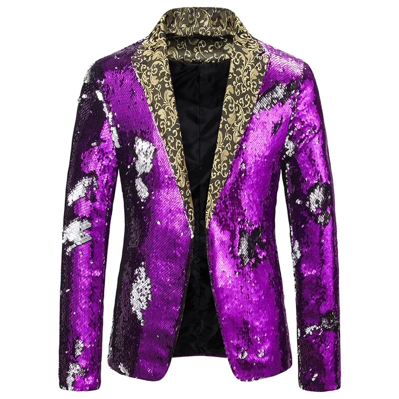 Men Flower Lapel 2 Color Conversion Blazers Mens Nightclub Stage Singers Custmes Luxury Royal Blue Sequin Glitter Blazer Jacket
