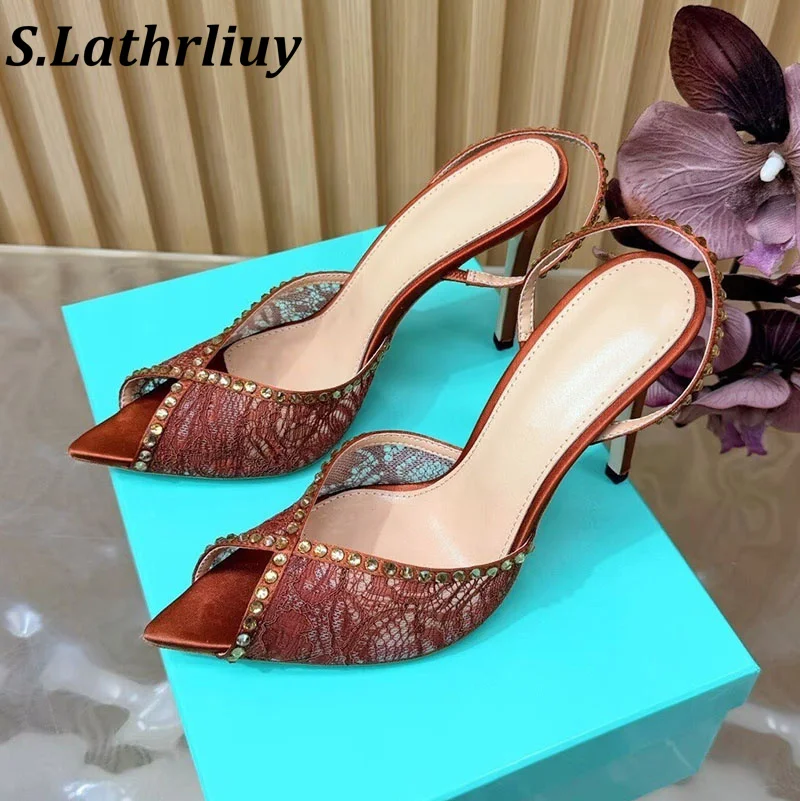 High Heeled Sandals for Women Rhinestone Decorative Mesh Sandals Solid Color Elegant Summer High Heels Banquet Fashionable Shoes
