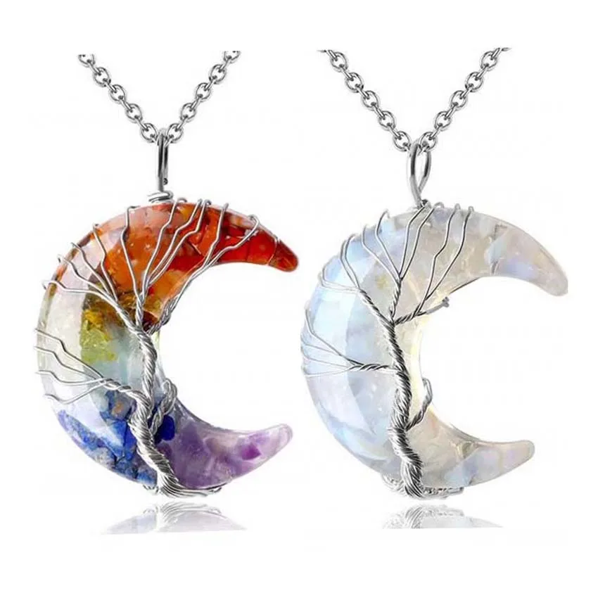 

Crescent Moon Necklace For Women Men Tree of Life Wire Wrapped Crystal Stone Resin Reiki Rose Quartz Opal Pendant Chain Necklace