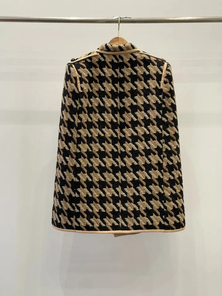 2024 new women fashion cape sleeveless lapel retro thousand bird grid cape top