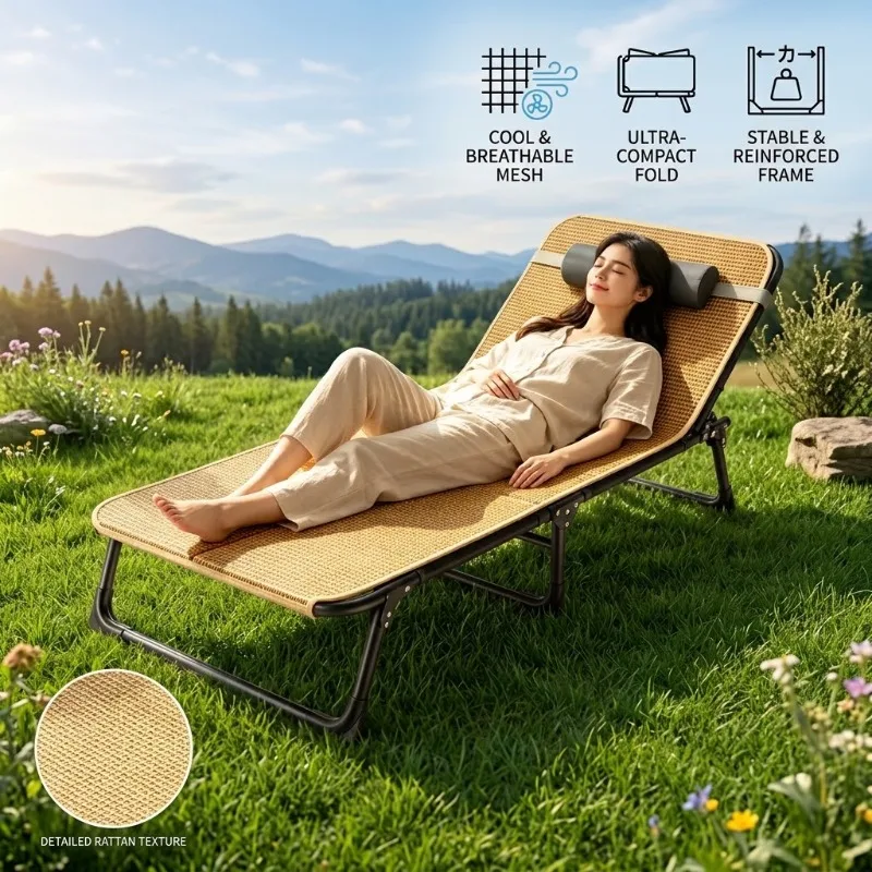 Portable Folding Bed Camping Cot Adjustable Office Nap Lounge Chair No Assembly Sleep Recliner Outdoor Cooling Rattan Guest Beds