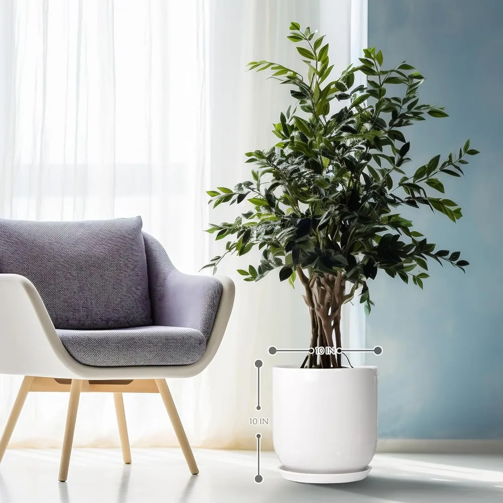 

10 Inch Ceramic Plant Pot with Drainage Hole & Saucer, Modern Indoor Outdoor Flower Planter for Home Garden Decor