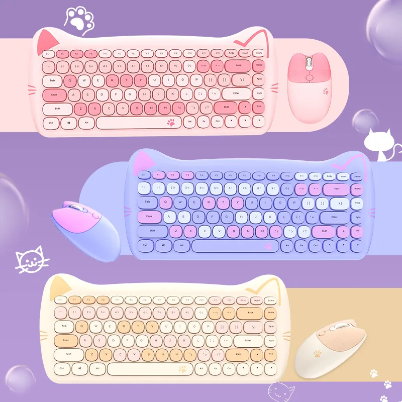 84 Key Cute Bluetooth Keyboard, Portable Thin Wireless Keyboard with Colorful Round Keycap Kawaii Cat Ears Design with Android