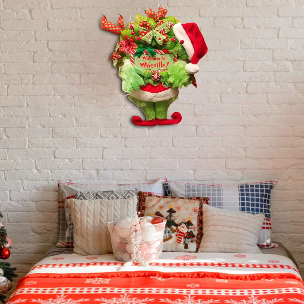 Grinch guirlanda de natal de pelúcia verde monstro peludo pendurado ornamento de pelúcia grinch perna grinalda porta pendurado decoração de ano novo