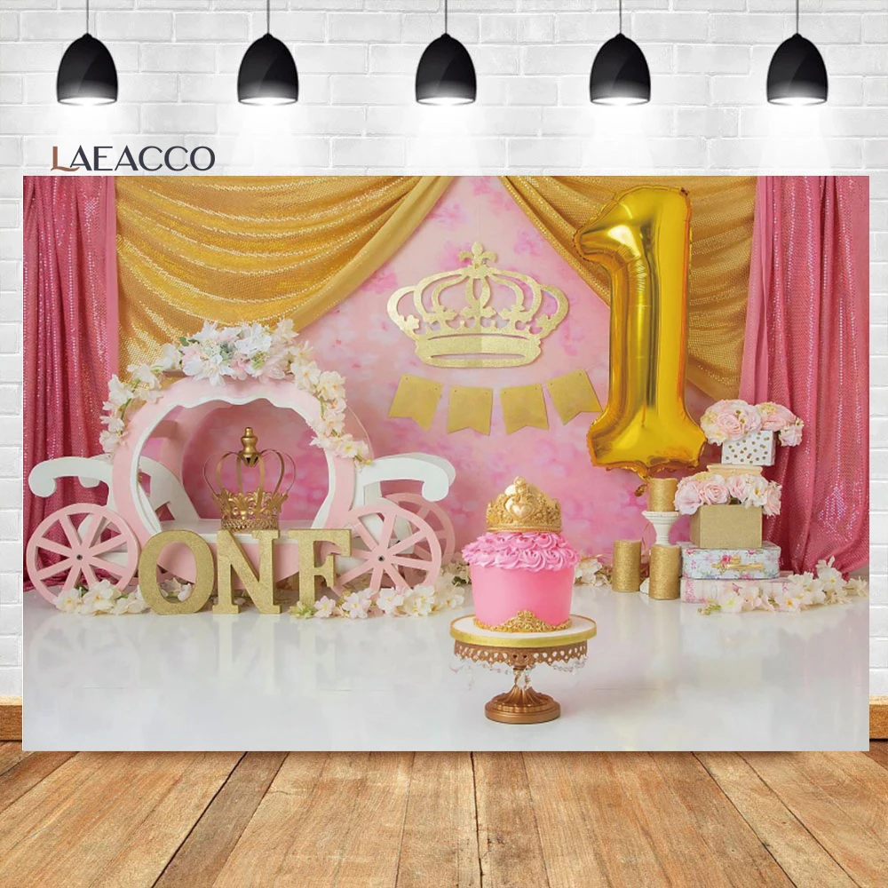 

Laeacco Girls 1st Birthday Backdrop Interior Pink Carriage Crown Princess Portrait Customized Cake Smash Photography Background