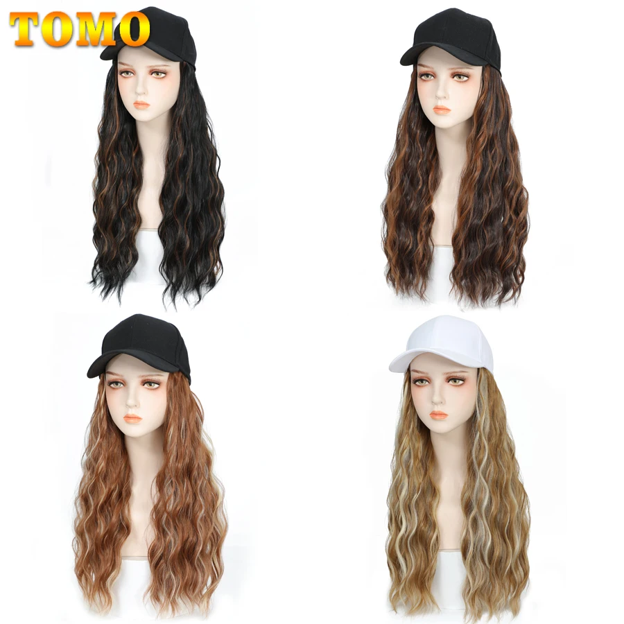 TOMO Baseball Cap With Curly Synthetic Hair Extensions For Women Long Water Wave Adjustable Hat Wig Wavy Hairstyle For Daily Use