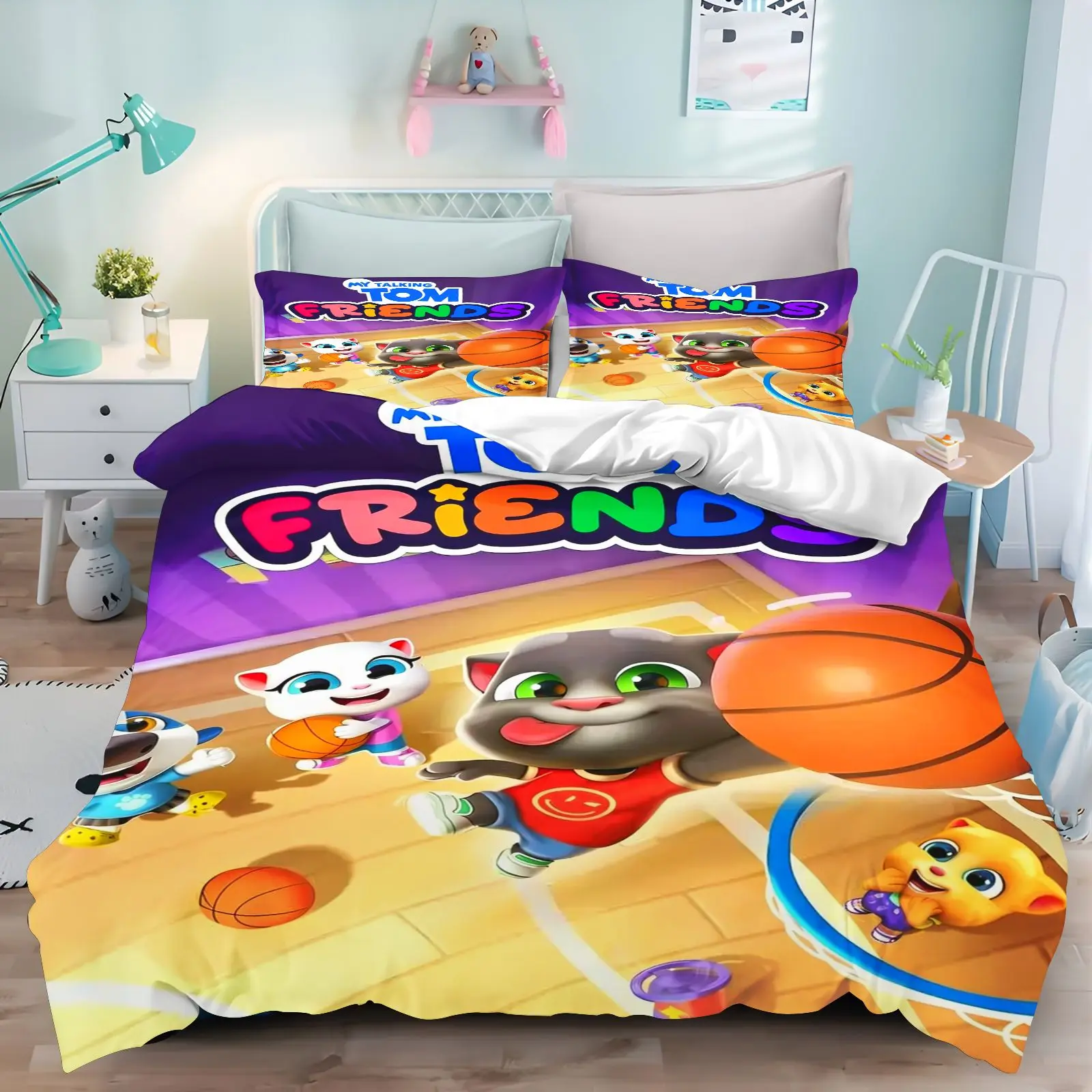Talking Tom and Friends Duvet Cover Set 3Pcs Cartoon Tom Angela Full Character Print Kids Bedding Bedroom Pillowcases