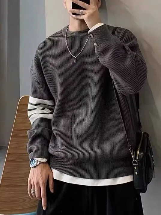 

Модный вязаный длинный светящийся круглый свитер Ne для мужчин, осень-зима, повседневный шерстяной пуловер с четырьмя полосками, универсальный топ