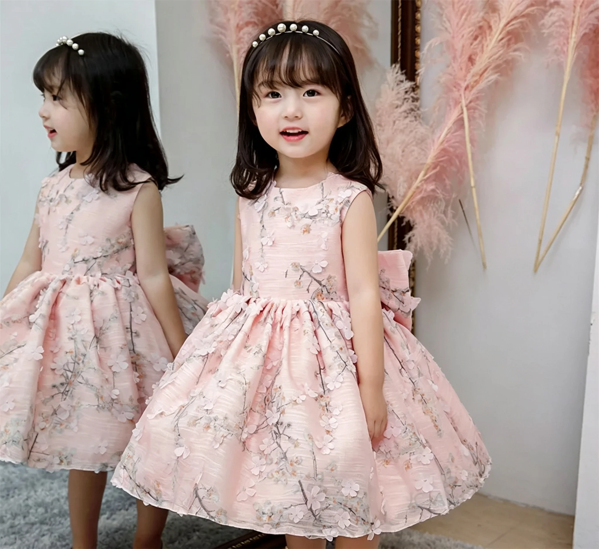 Princess Flower Girl Dresses For Wedding Sleeveless with Bow Knee Length Kids Birthday Party Dress First Communion Gown Custom