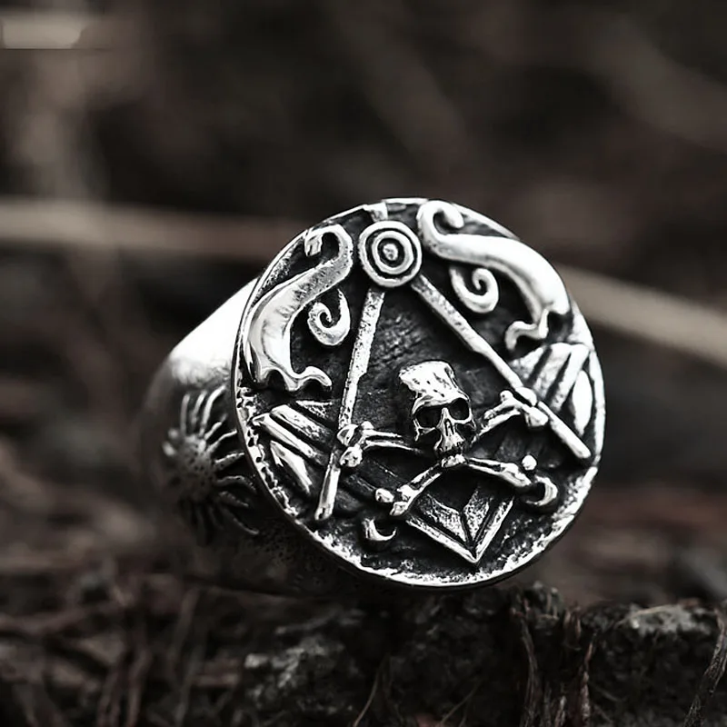 Vintage Masonic Skull Ring Stainless Steel Jewelry Large Sun Compass Mason Biker Men Rings Gift Creative Dropshipping Wholesale