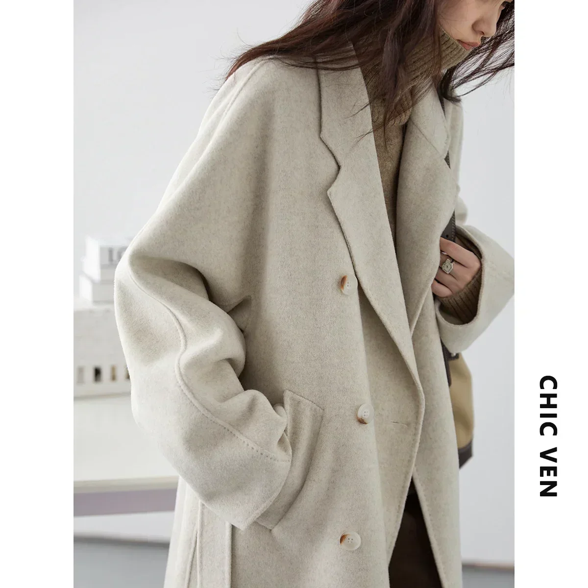 CHIC VEN Women Long Woolen Coats Retro Loose Female Overcoat Double Breasted Ladies Double Sided Topcoat Autumn Winter 2024