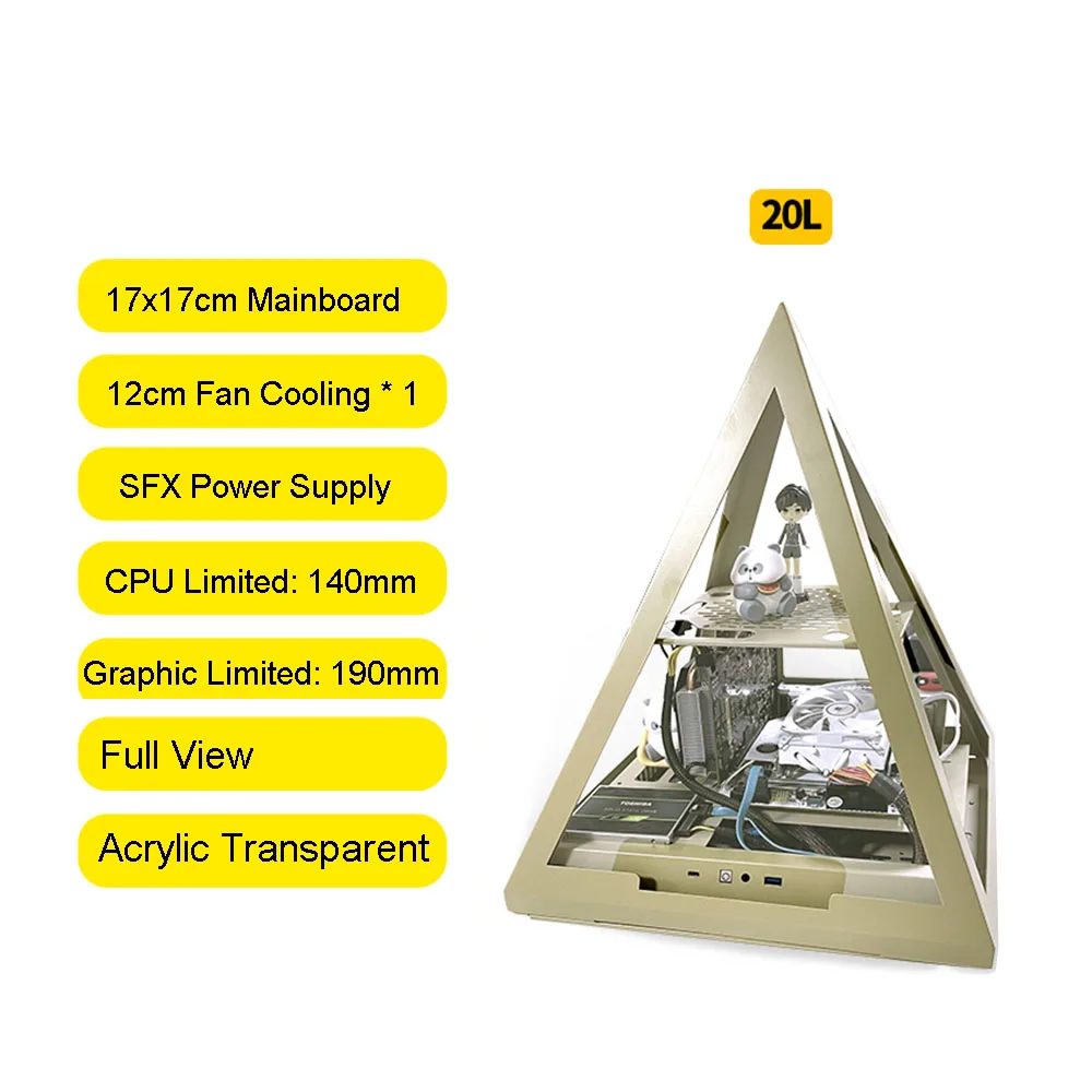 ITX Computer Case Full View Transparent Acrylic Chassis SFX Power Supply 12cm Fan Cooling Pyramid Mini Gaming PC Desktop Cases