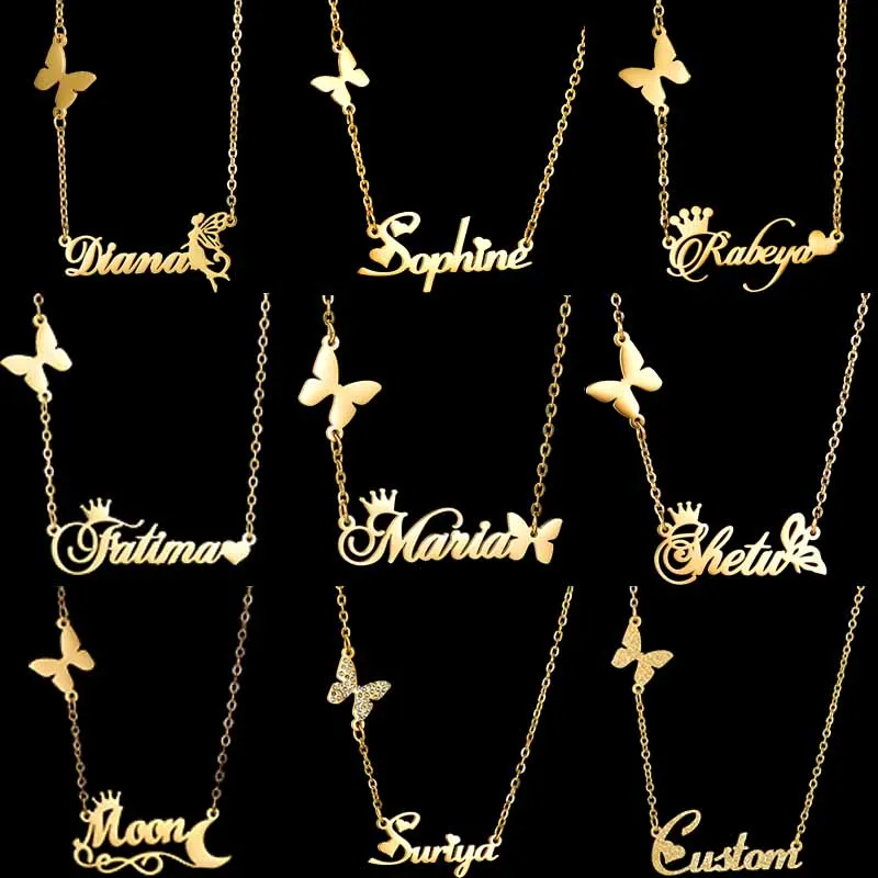 

Personalized Name Necklace Stainless Steel Chain With Butterfly Custom Letters Nameplate For Women Choker Jewelry Gifts