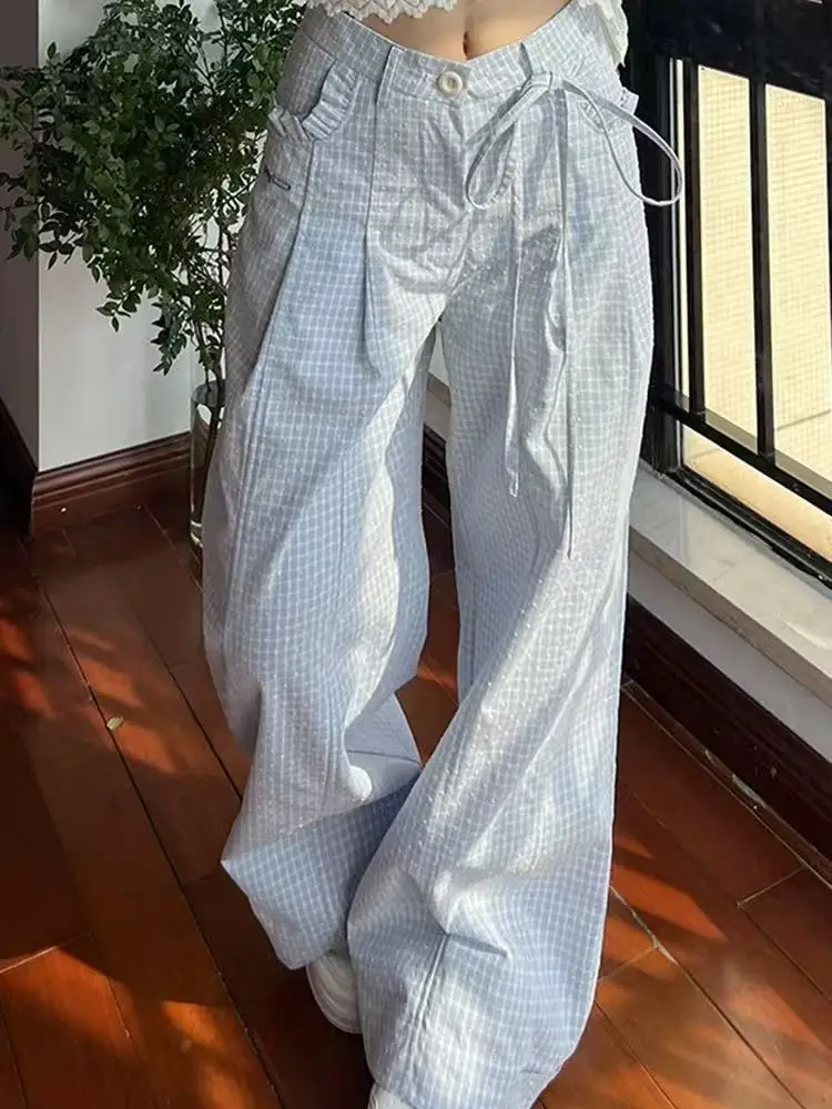

Korean style Relaxed Fit High Waist Wide Leg Pants - Plaid Floor-Length Lounge Trousers