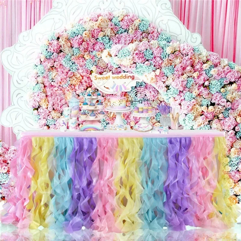 

6ft Rainbow Table Skirt Tutu Gauze Double Layered Table Skirts Dessert Tablecloth Birthday Wedding Party Decor Table Surround