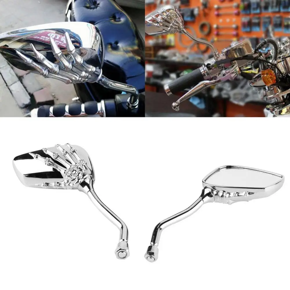 1 Pair Left Right Universal Motorcycle Chrome Skull Hands Side Rear View Mirrors Easy To Install Eye-catching Look Fashionable