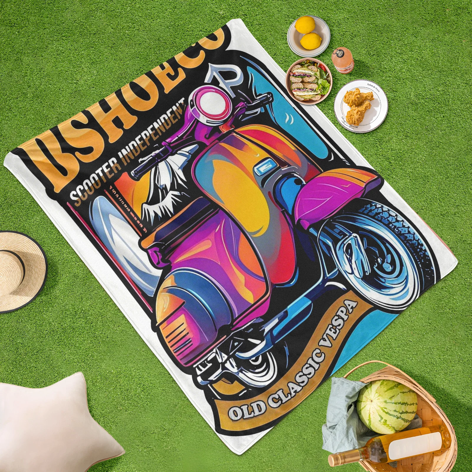 Vibrant E-Scooter Tech Blanket With Multicolor Design And White Background For Stylish And Practical Outdoor Adventures
